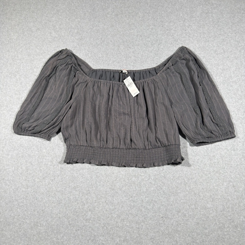 American Eagle XXL Gray Striped Smocked Crop Top Boho Puff Sleeve Cottage